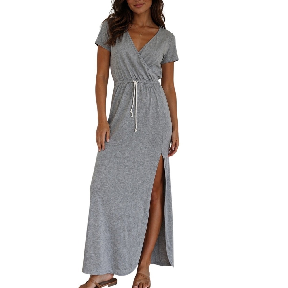 Boohoo Womens Gray V-Neck Short Sleeve Drawstring Waist Slit Maxi Dress Size 2